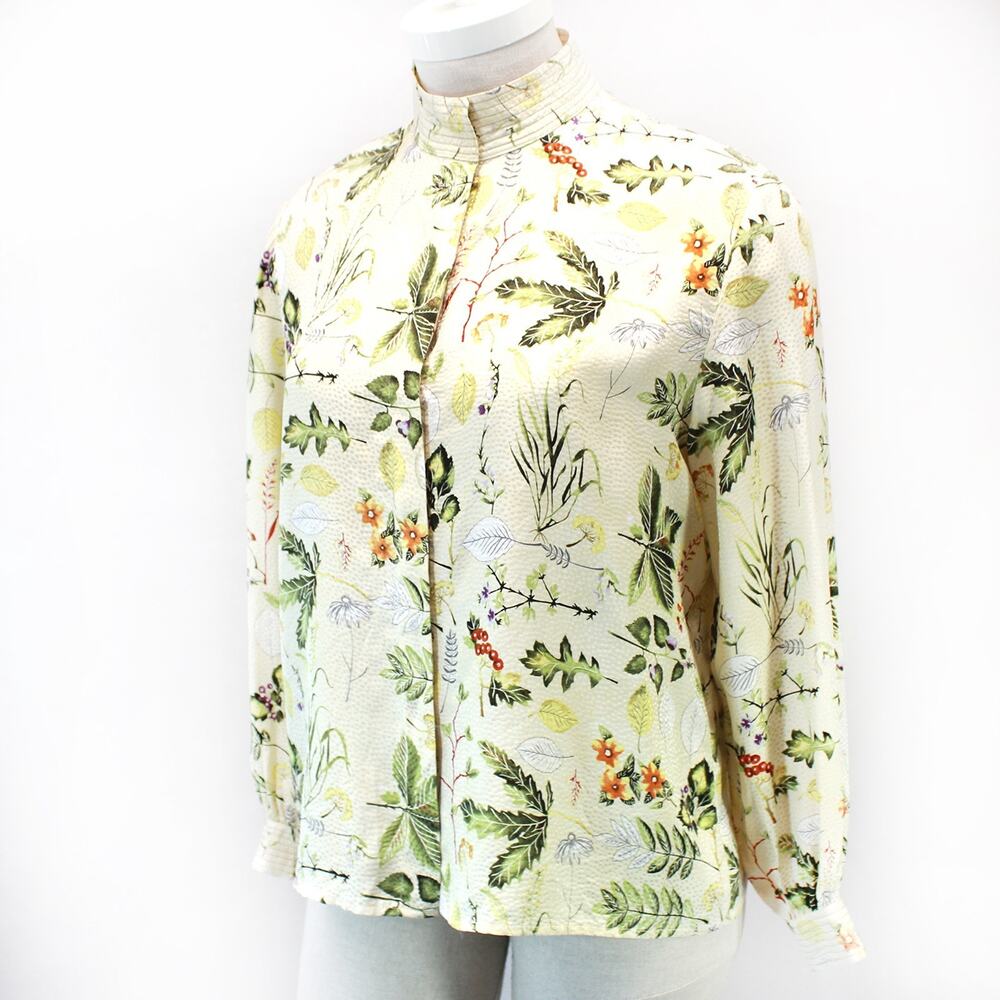 Maggy London Blouses Vtg 100% Silk Top Shirt Button Mock Neck Flower size 18